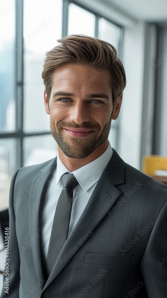 A young professional man in a suit and tie smiles at the camera A young professional man in a suit and tie smiles at the camera