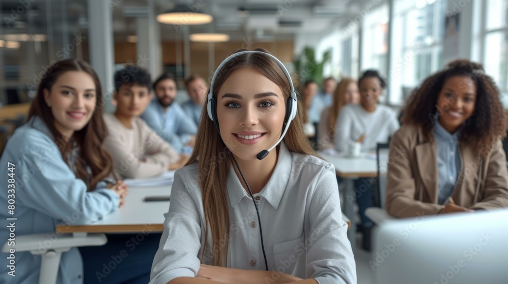 A group of multiethnic people in a workplace smiling at the camera A group of multiethnic people in a workplace smiling at the camera
