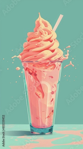 A pink frappuccino in a glass with a straw in it on a teal background. Generative AI.