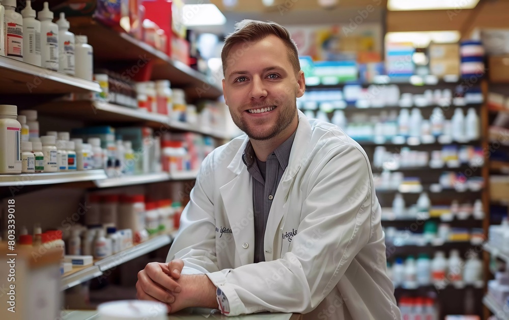 Portrait of a cheerful handsome pharmacist leaning on the counter in a drugstore.