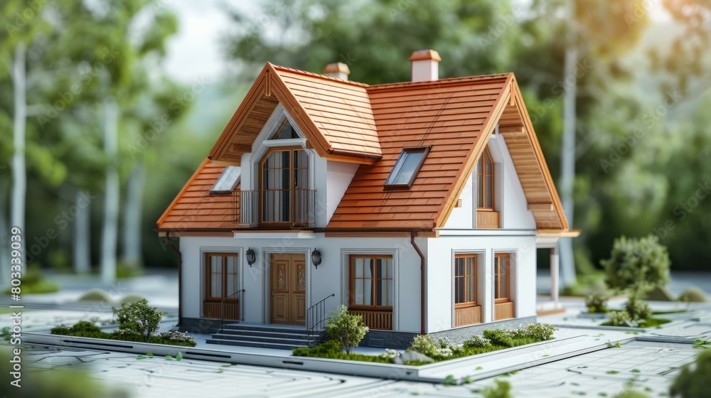 A 3D rendering of a beautiful house with a red roof