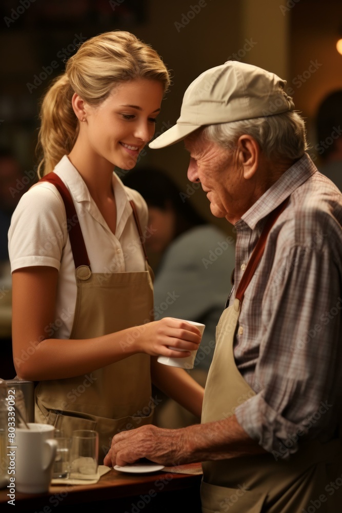 A waitress attentively serving an elderly man a cup of coffee A waitress attentively serving an elderly man a cup of coffee