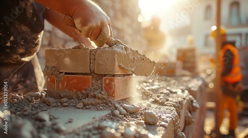 Construction worker laying bricks on a building site