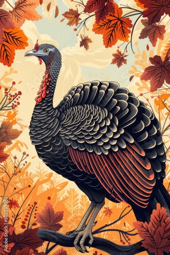 An illustration of a turkey with bright colored fall leaves in the background
