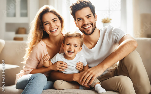 Happy modern family in a spacious, bright living room. Dad, mom and child. Smiling, wearing plain clothes in pastel colors.