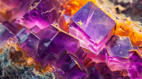 Close-up of vibrant purple and orange crystals with sharp edges and intricate details. fluorite ore photo