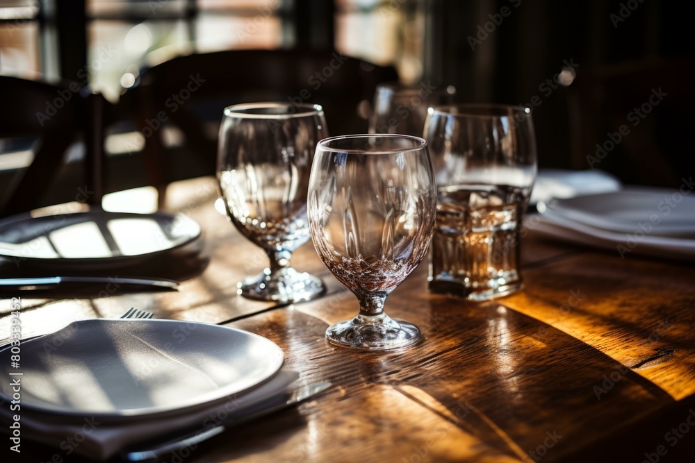 Elegant restaurant table setting with wine glasses and sunlight