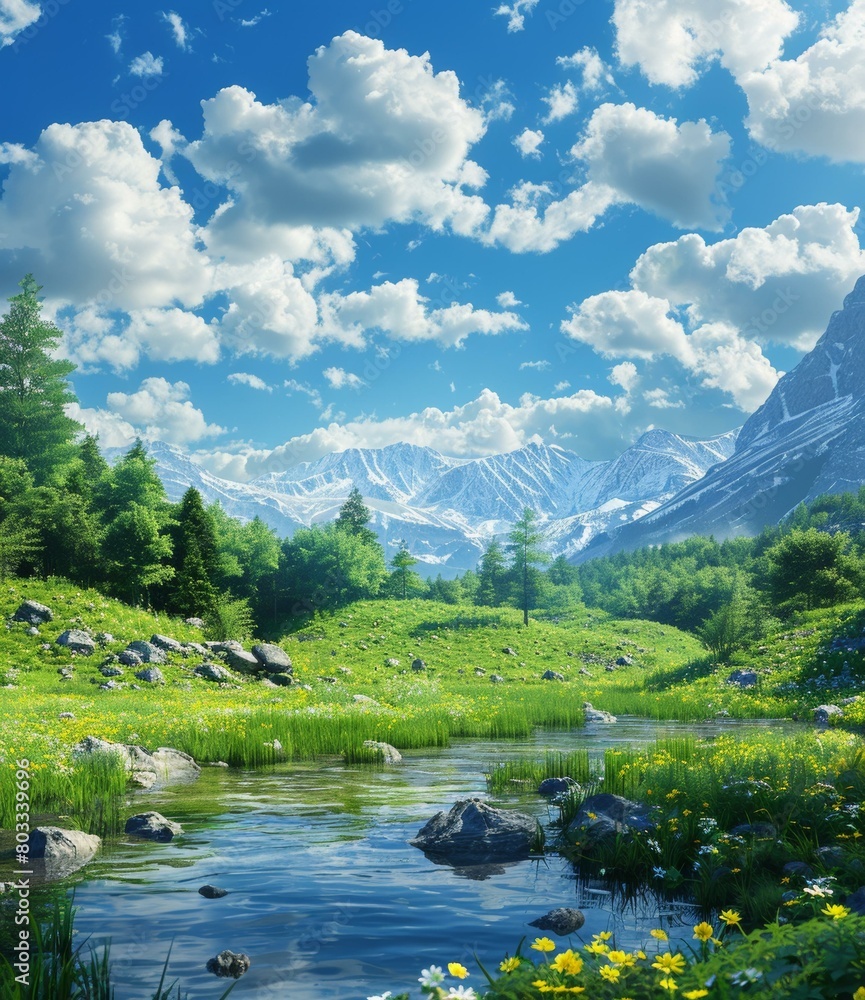 Alpine meadow landscape with river and flowers