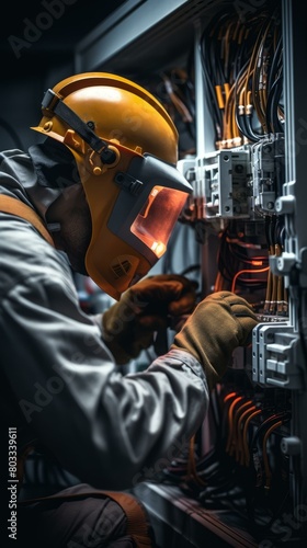 An electrician in protective gear works on an electrical panel photo