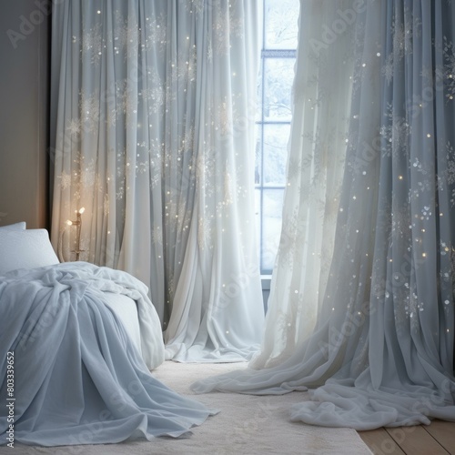 Bedroom with snowflake curtains and a view of the snowy forest outside photo