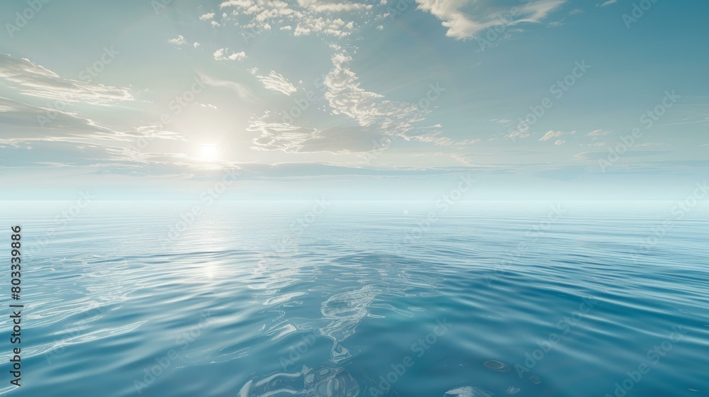 Obraz premium Calm blue ocean with white clouds and bright sun
