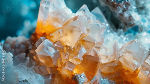 Close-up of orange and white crystals with intricate geometric shapes, showcasing natural mineral beauty and texture. Calcite ore photo