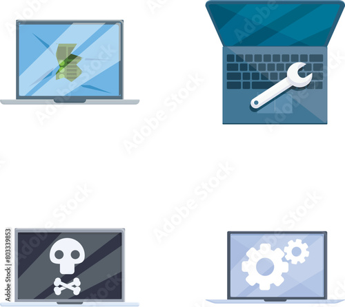 Broken laptop icons set cartoon vector. Various broken personal computer. Repair service, maintenance