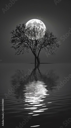 A tree stands in the middle of a body of water with a full moon rising behind it