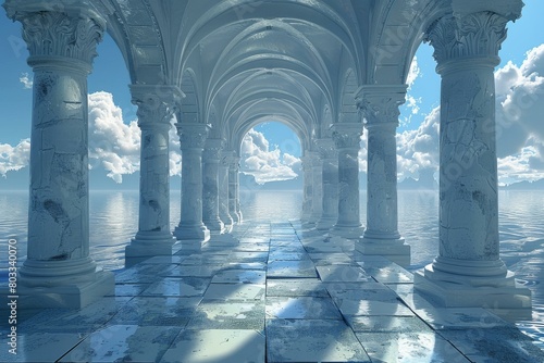 Surreal flooded walkway with marble columns