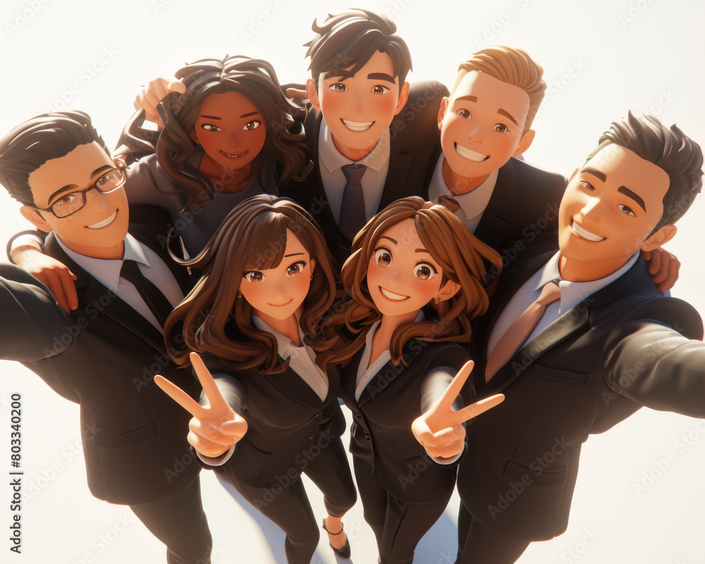 Selfie of a very happy small group of business people with different ethnicity 3D generated