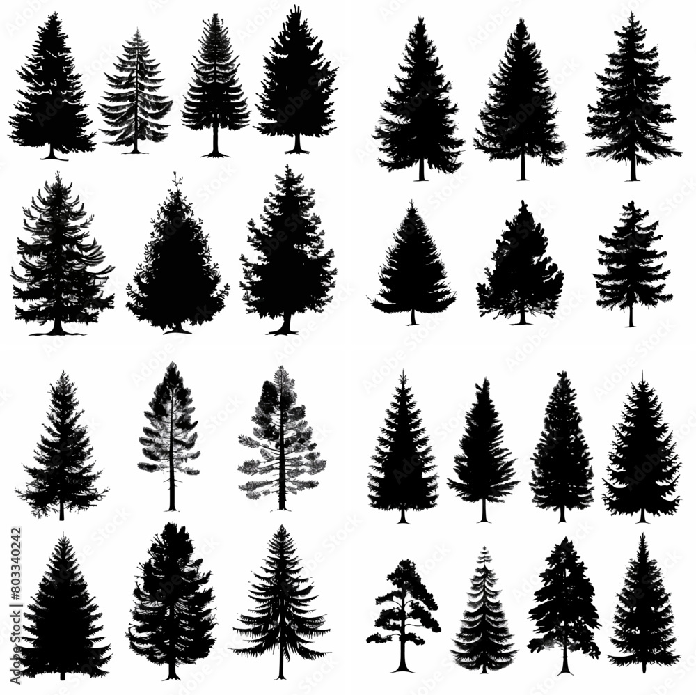 Obraz premium black tree silhouette set pure badge eco outline recreation breath emblem label protection graphic pine trunk woodland