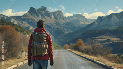 A hipster traveler backside view on a road leading toward majestic mountains © Iqra Iltaf
