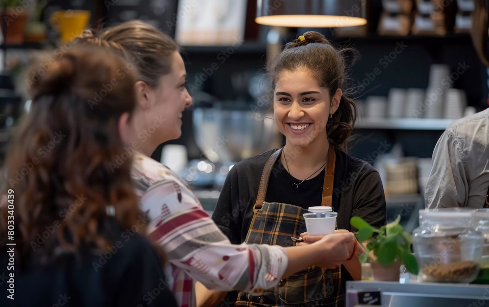 A smiling barista in an apron hands a purchased item to a happy female customer in a cafe.