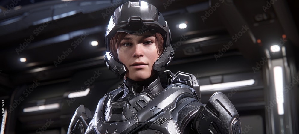 Detailed close up of weary futuristic soldier warrior with a fatigued expression