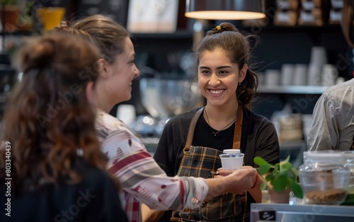 A smiling barista in an apron hands a purchased item to a happy female customer in a cafe.