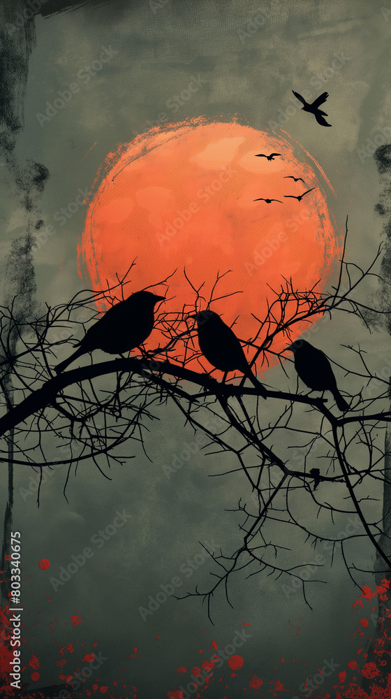 A whimsical watercolor illustration of birds and tree A whimsical watercolor illustration of birds and tree