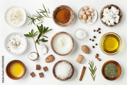 Flat lay of shea butter  coconut oil  tea tree oil  and rosehip oil on white background