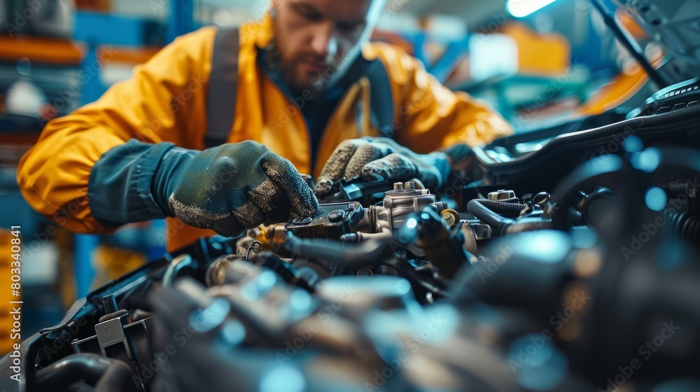 Car mechanic repairing a car engine Car mechanic repairing a car engine