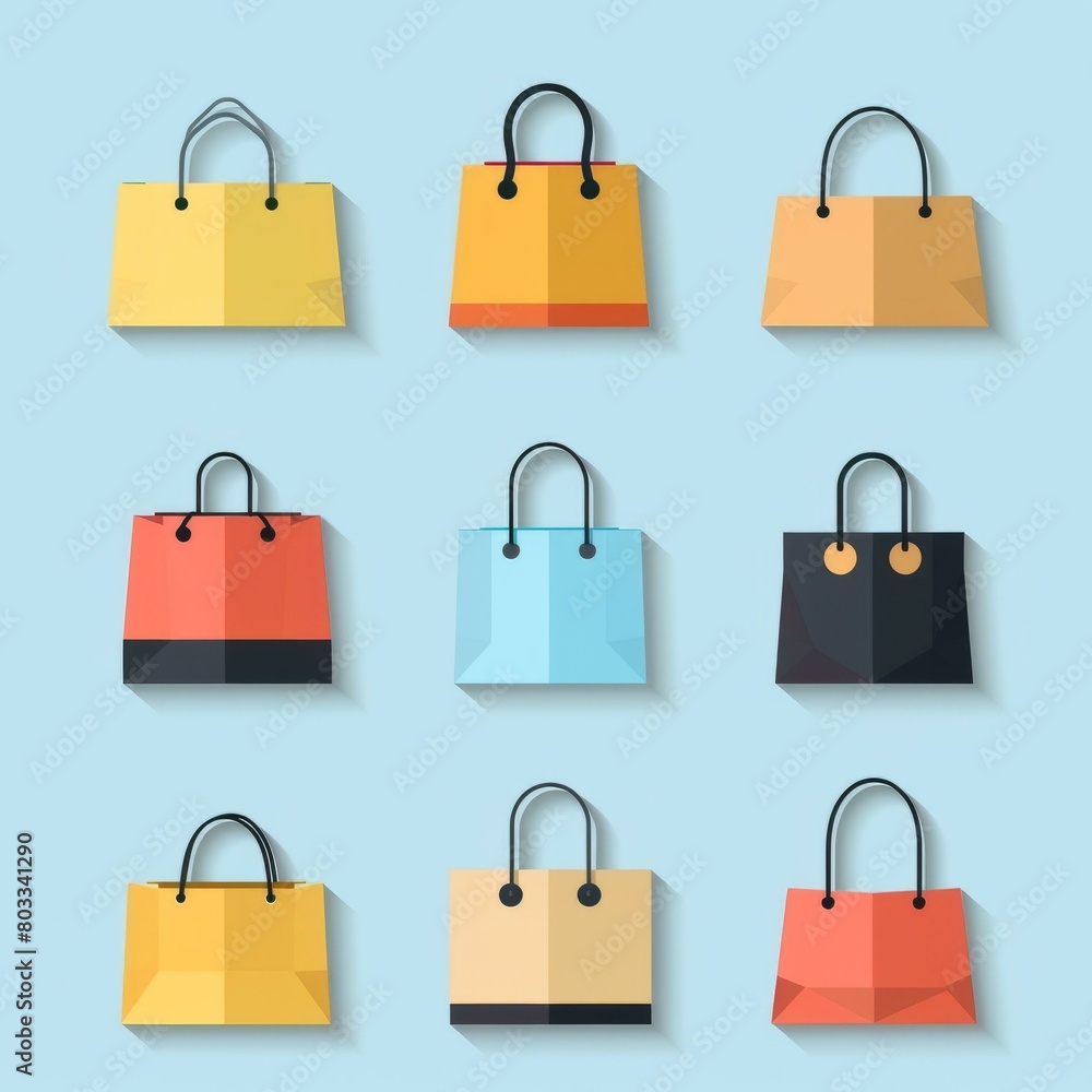 A set of nine shopping bags in different colors A set of nine shopping bags in different colors