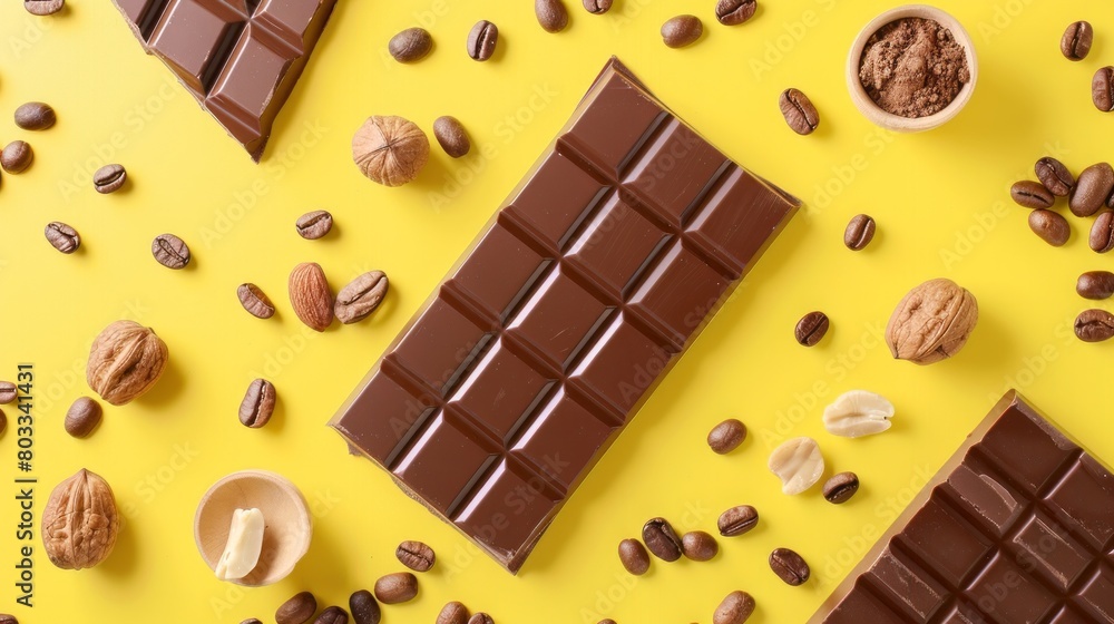 Cook homemade chocolate with bars, nuts, coffee beans on colored background top view mock up Cook homemade chocolate with bars, nuts, coffee beans on colored background top view mock up