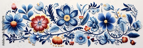 Exquisite Swedish folk embroidery design showcasing vibrant blue and red flowers