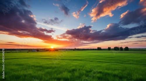 Vast green field under cloudy sky at sunset