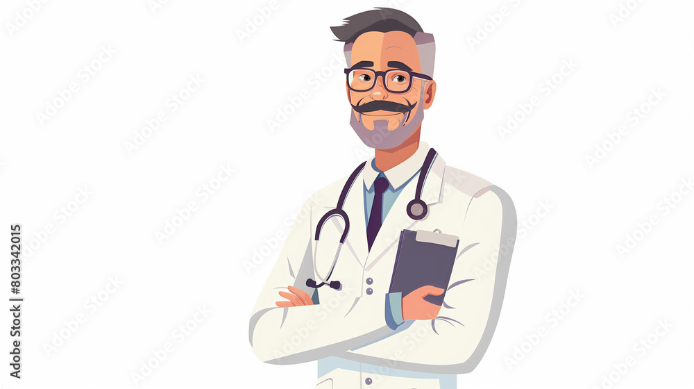 Illustration of a confident male doctor with a beard, wearing glasses, a stethoscope, and holding a clipboard.
