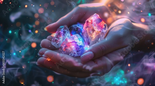 Space stones crystals in hands. Selective focus. © Erik