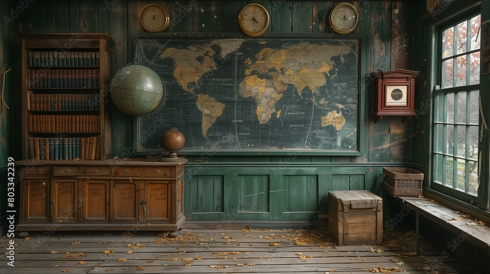 Vintage study room with a world map, globe, wooden bookshelf, and scattered autumn leaves on the floor.