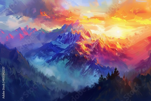 breathtaking sunset in majestic mountains digital landscape painting
