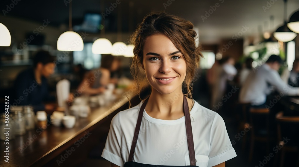 Portrait of a smiling young waitress in a restaurant