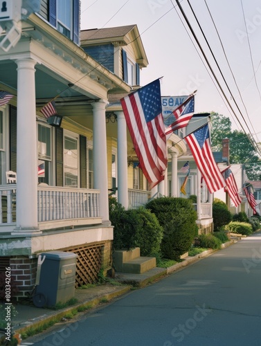 Houses with American flags in a row along the street, memorial day