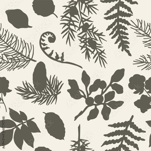 Flat vector forest plants and tree branches background
