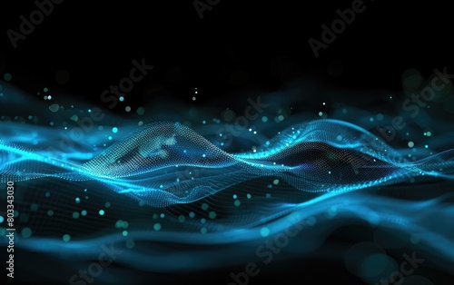 Abstract blue particle wave, glowing dots with dark background.