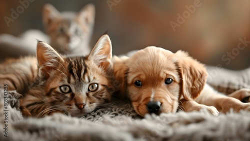 Image of homeless cat and hungry puppy waiting for adoption. Concept Animal Shelter, Adoption, Homeless Pets, Rescue Animals, Waiting for Forever Home