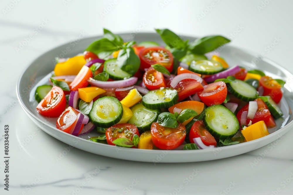A vibrant plate of assorted vegetables on a clean white table. A vibrant plate of assorted vegetables on a clean white table.