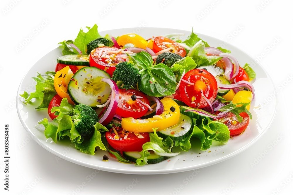 A vibrant plate of assorted fresh vegetables, such as tomatoes, cucumbers, bell peppers, and carrots, arranged beautifully on a clean white table. A vibrant plate of assorted fresh vegetables, such as tomatoes, cucumbers, bell peppers, and carrots, arranged beautifully on a clean white table.