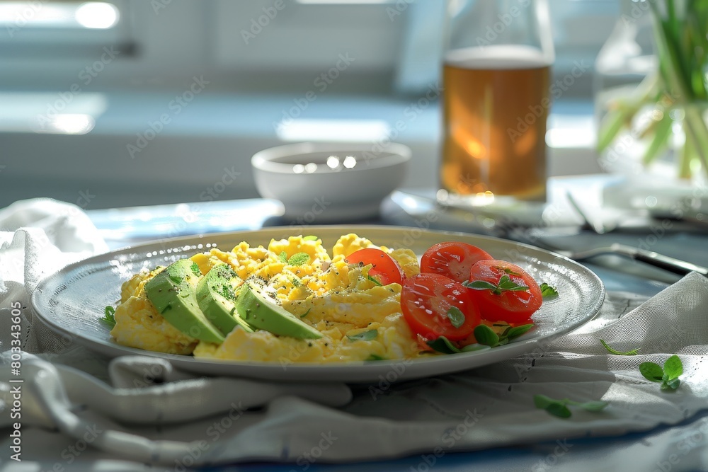 A delicious plate of scrambled eggs, avocado slices, and cherry tomatoes on a modern, minimalist table setting. A delicious plate of scrambled eggs, avocado slices, and cherry tomatoes on a modern, minimalist table setting.