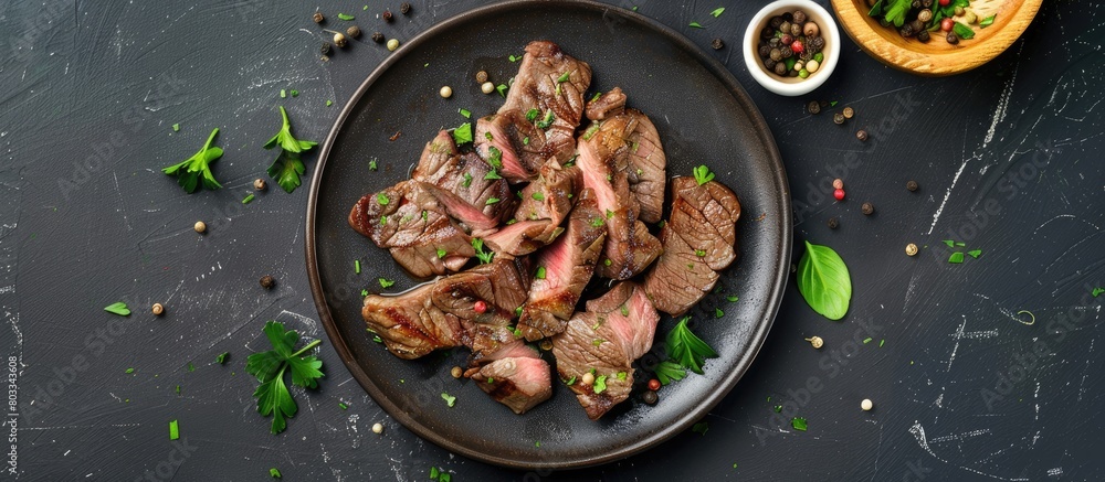 Sliced beef liver grilled and served on a plate with a black stone backdrop. Viewed from above in a flat lay style. Sliced beef liver grilled and served on a plate with a black stone backdrop. Viewed from above in a flat lay style.