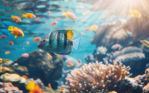 Vibrant tropical fish swimming above a coral reef under sunlit water.
