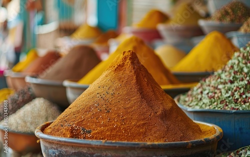 Vibrant spices and dried herbs displayed in conical mounds at a market.