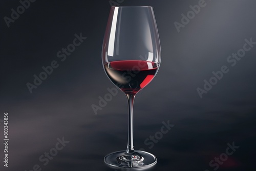 A single, elegant wine glass, half-filled with red wine, capturing the light and casting a soft shadow on a glossy, dark studio background.