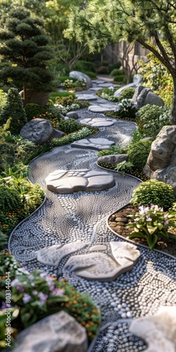 Pebble path through a lush garden