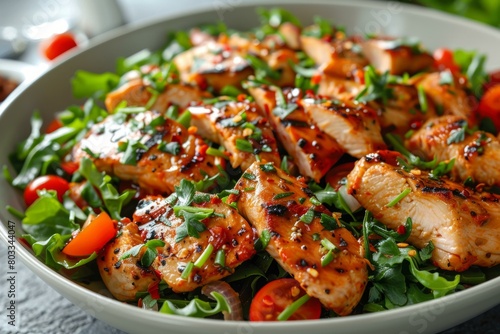 Grilled peri peri chicken breast with fresh salad photo